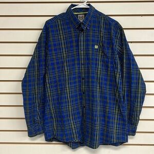 Cinch 100%‎ Cotton Long Sleeve Button Down Shirt Blue/Yellow Plaid EUC Size M